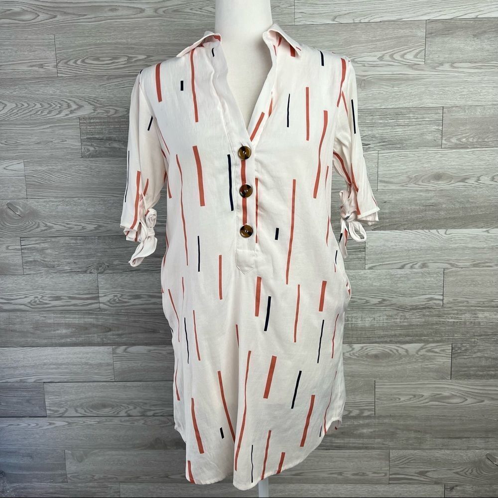 Lush size Small Multi Colored Button Up Dress W/ Pockets, Bow On Sleeves
